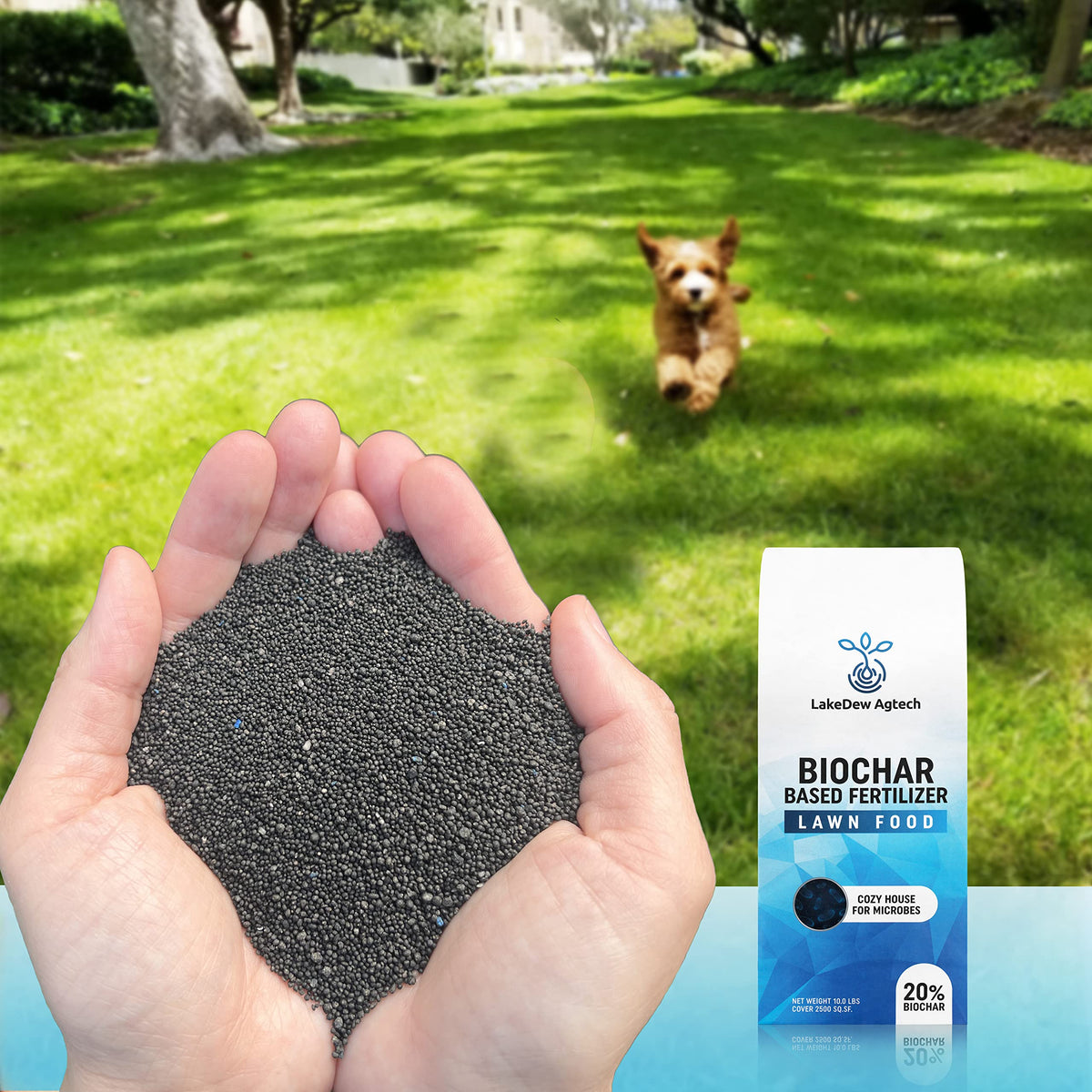 LAKEDEW Biochar Lawn Fertilizer ideal for new construction lawns with patchy areas