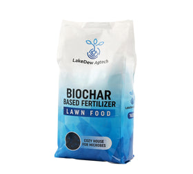 LAKEDEW Biochar Lawn Fertilizer label emphasizes pet-safe use when directed
