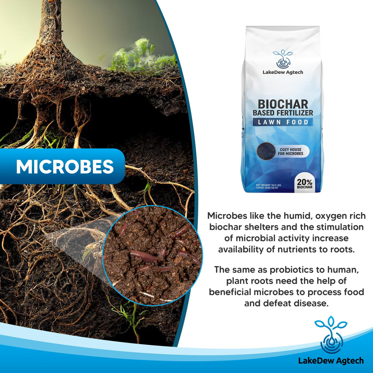 LAKEDEW Biochar Lawn Fertilizer spread image shows even coverage for lawn feeding