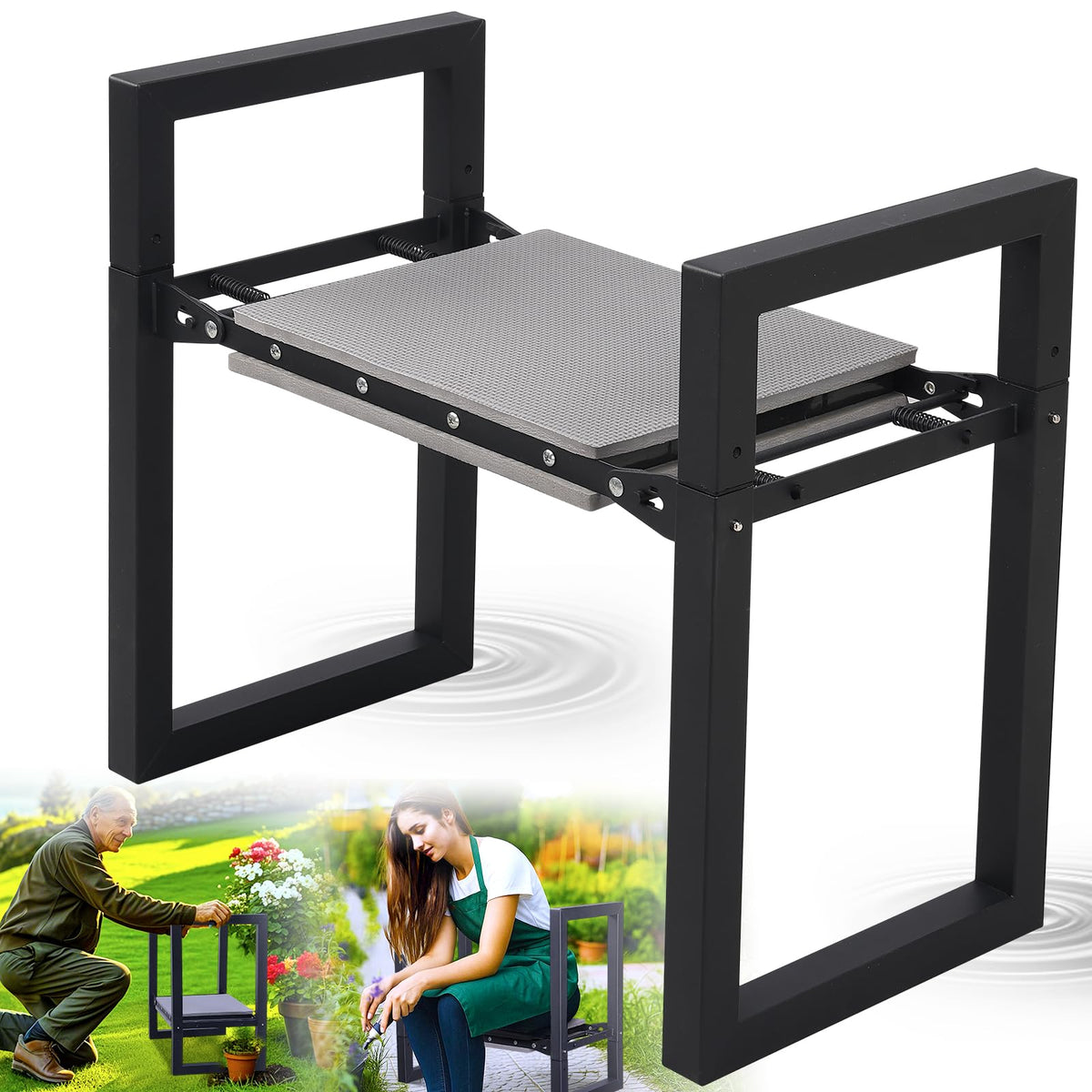 LAKEROD garden kneeler with anti-tip square tubes for stable footing on uneven ground.
