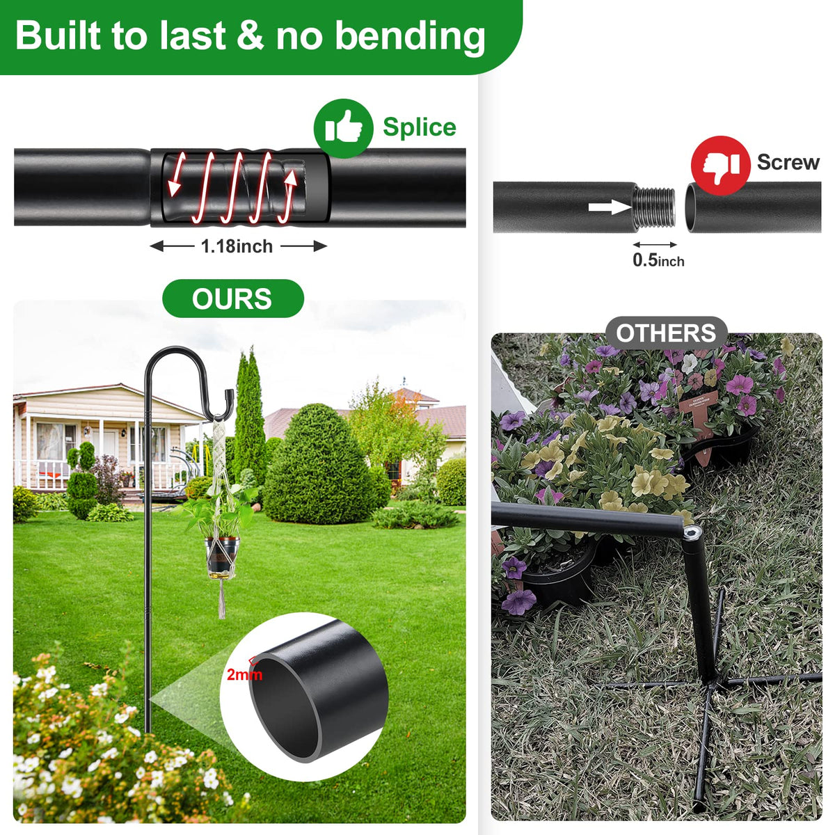 LAKEROD heavy-duty stainless steel supports heavier birdfeeders and planters without bending.