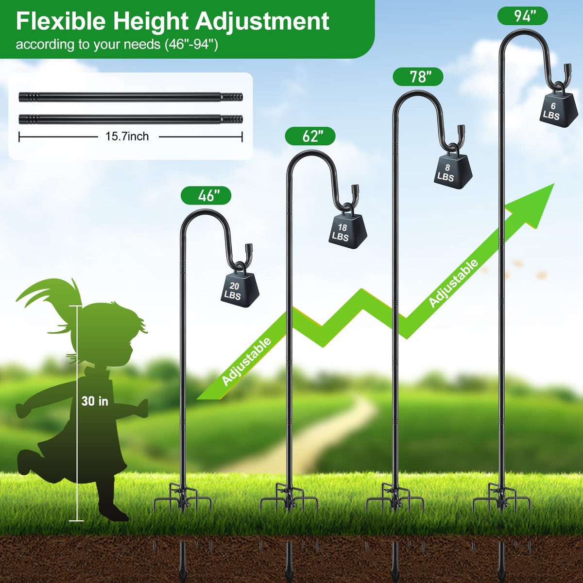 LAKEROD no-tools height adjustment up to 78 inches for versatile garden setups.