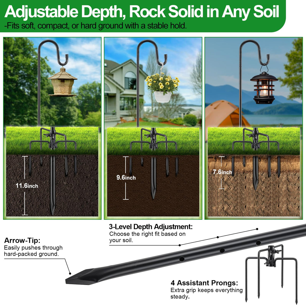 LAKEROD shepherd's hook design enables wind-resistant hanging of feeders and decor.