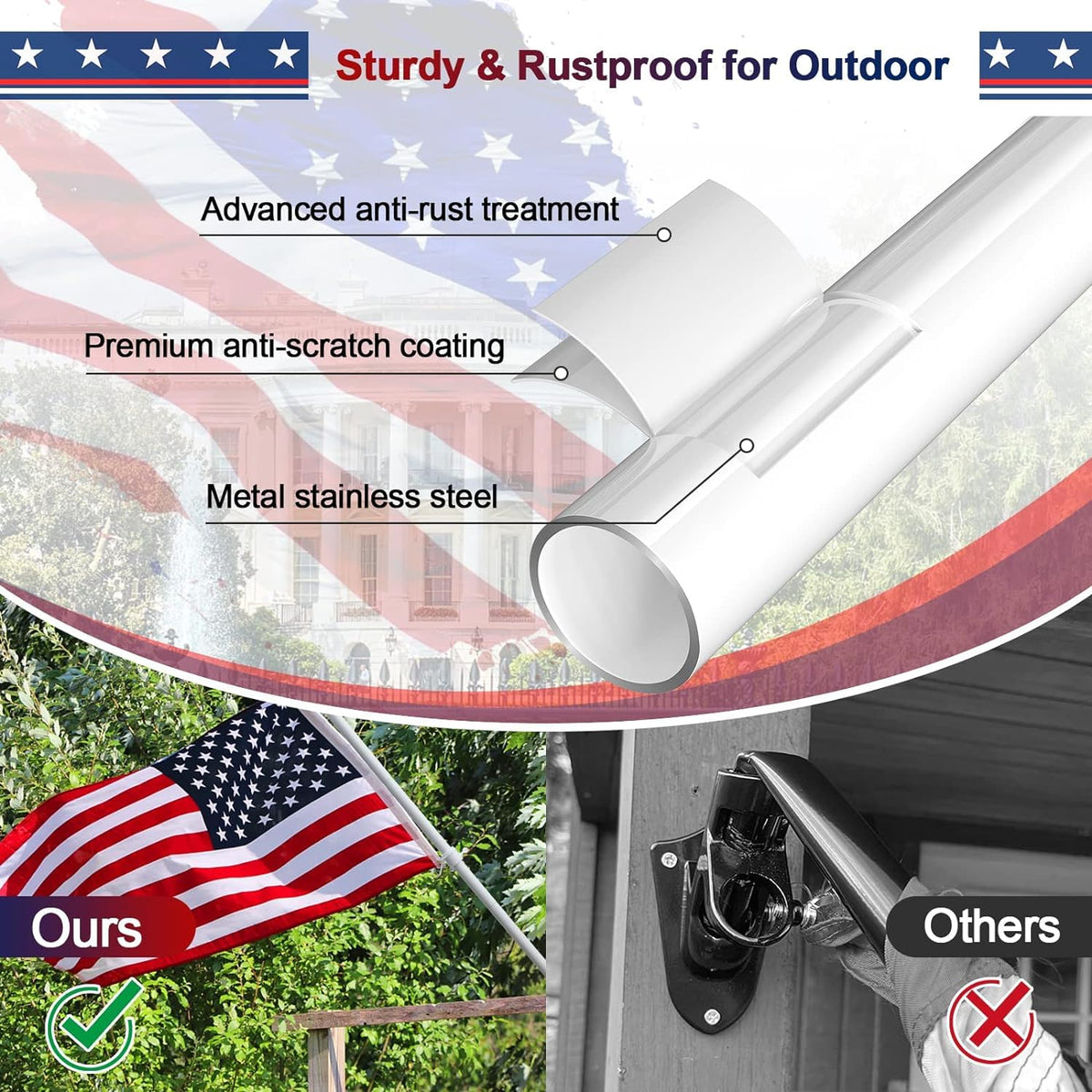 LAKEROD stainless steel flagpole offers rust resistance for year-round outdoor use.