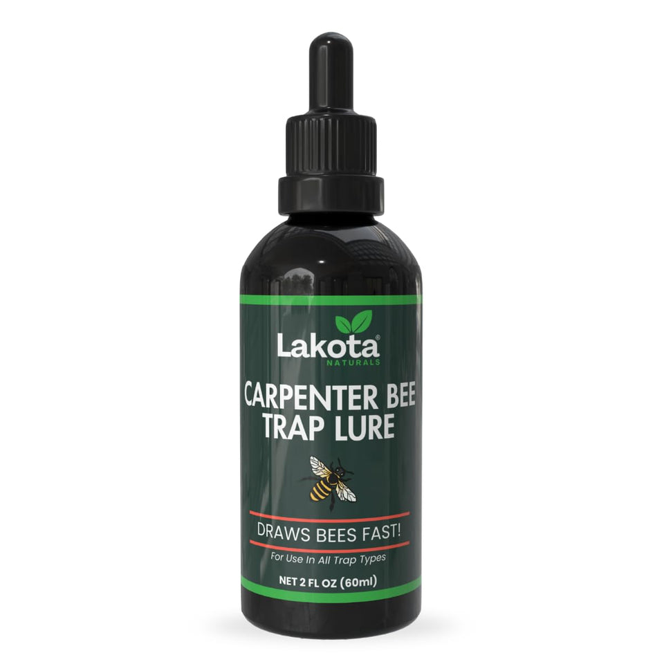Lakota Naturals carpenter bee lure bottle attracting bees to traps.
