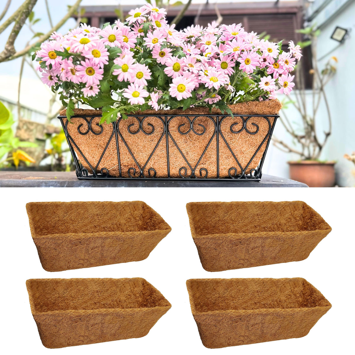 LáLáGreen 16in rectangular coco liner in basket for healthy root drainage.
