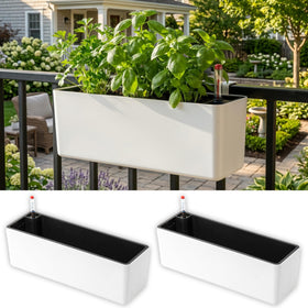 LaLaGreen 16-inch white balcony rail planter on a railing for space-saving herb display.