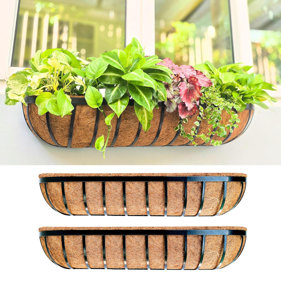 LáLáGreen deck railing planter on balcony with coco liner for healthy drainage.
