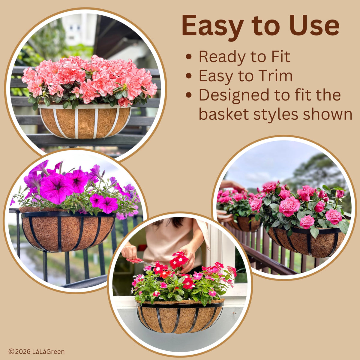 LáLáGreen pre-shaped liner fits baskets without trimming.