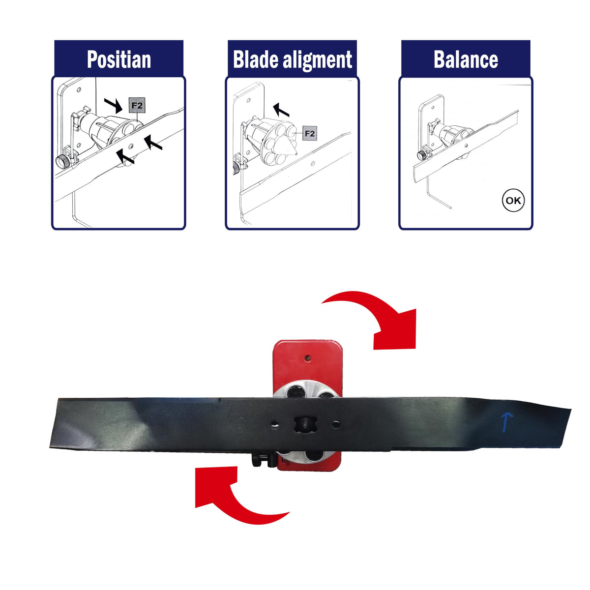 LAMBIS blade balancer demonstrates easy use for mower blades.