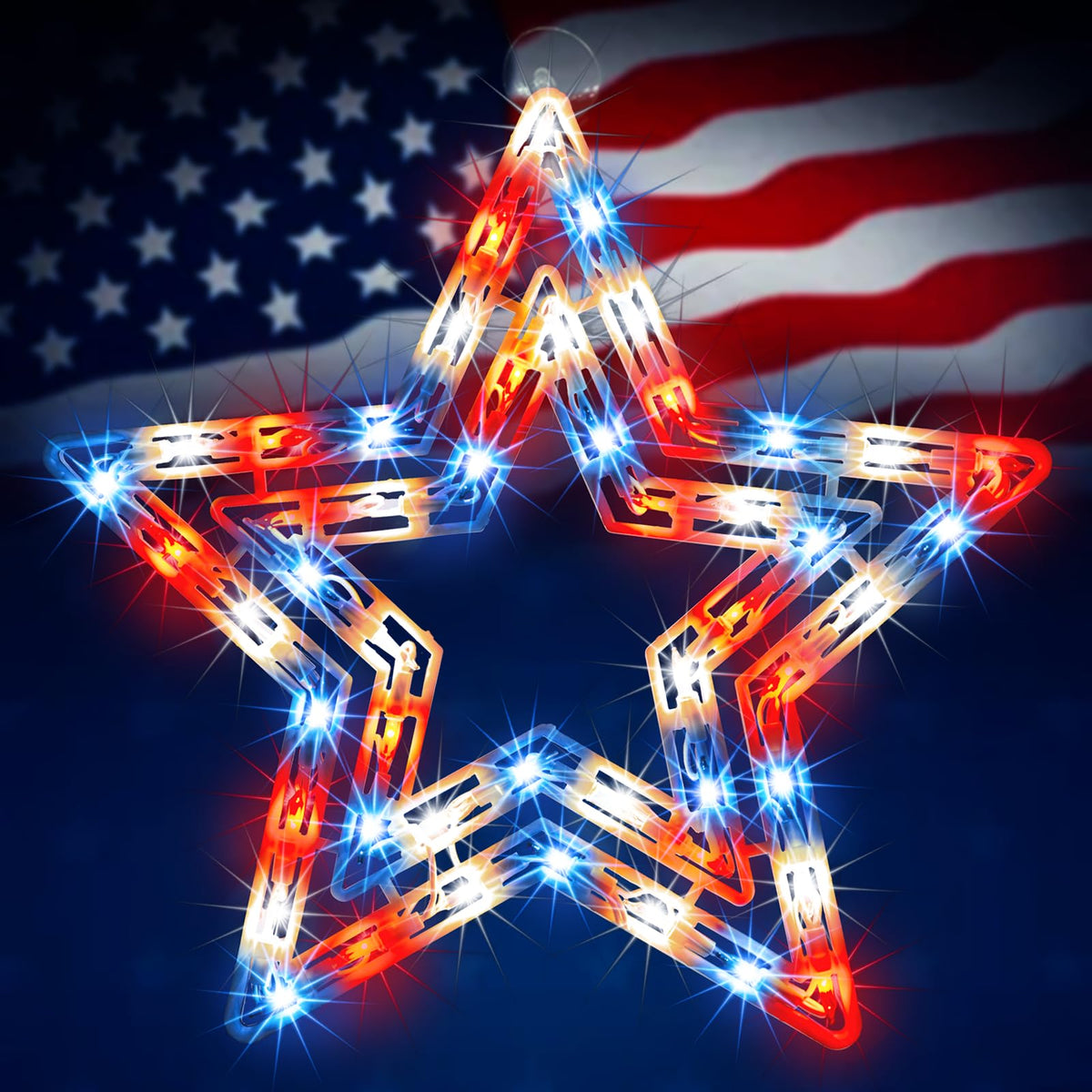 Lamphome 14-inch red white blue star window lights illuminate patriotic celebrations indoors and outdoors.