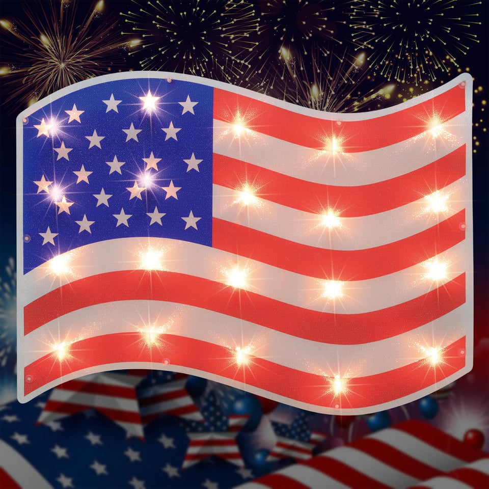 LAMPHOME 17.3-inch flag window silhouette glows with red, white and blue for bold curb appeal.