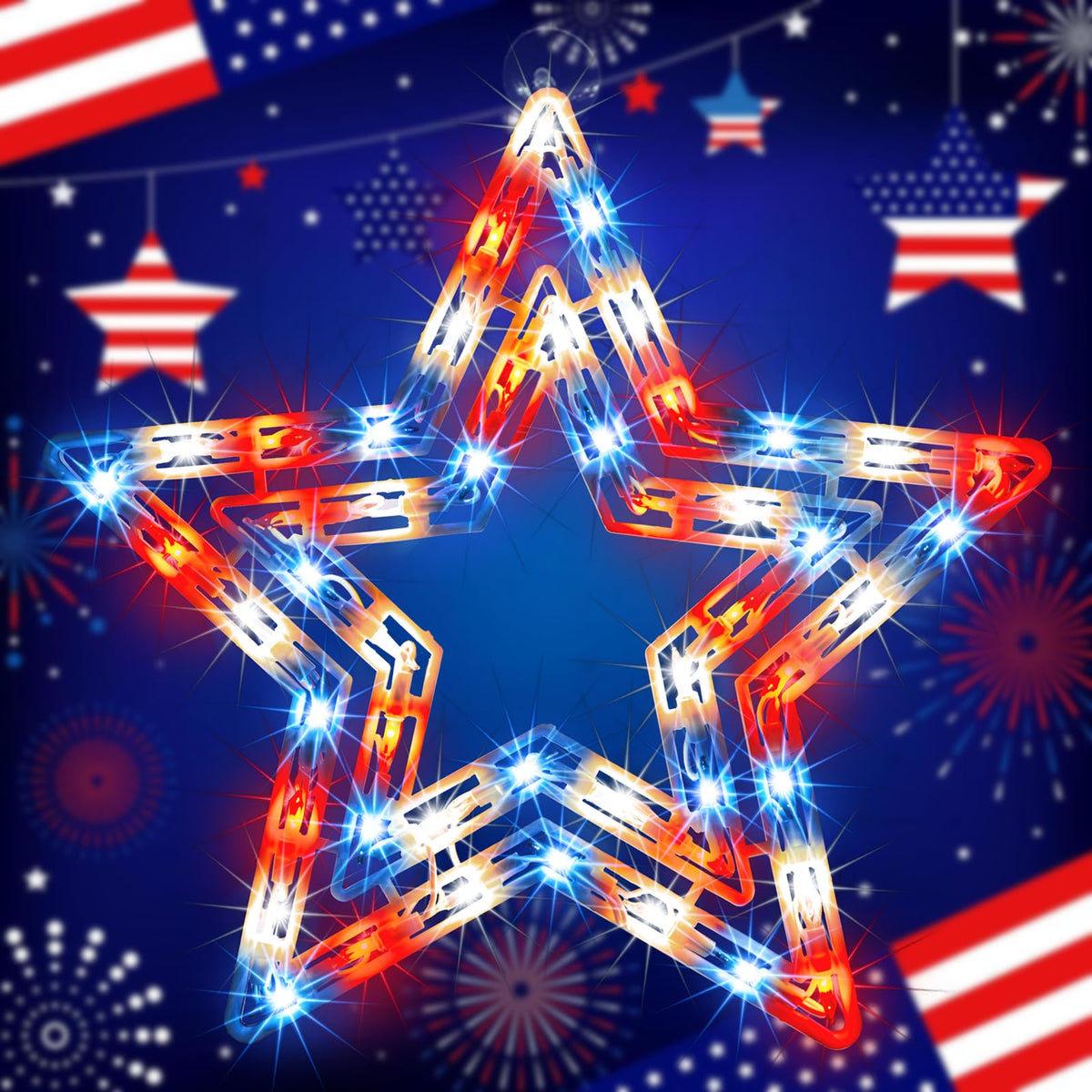 Lamphome Memorial Day star lights brighten porches and windows.