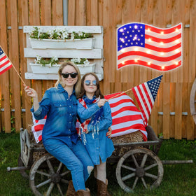 Weatherproof outdoor flag lights from LAMPHOME brighten porches through rain and shine.