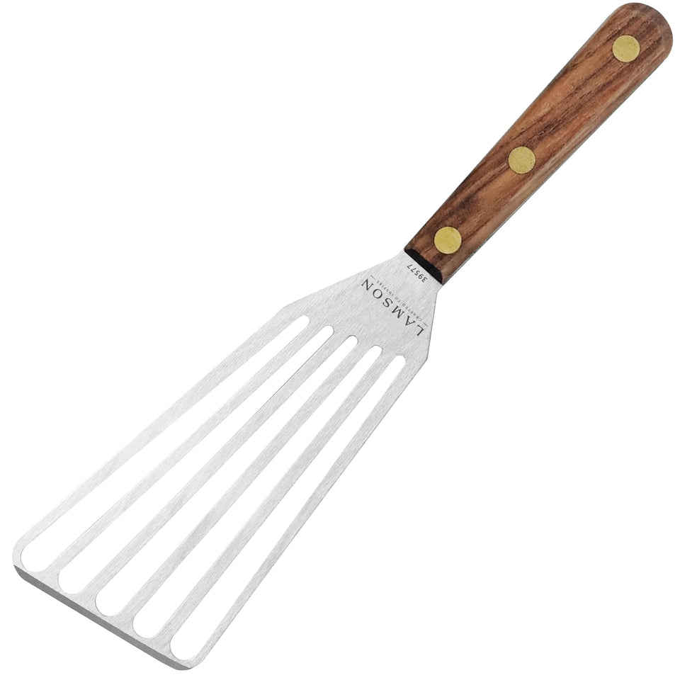 Lamson metal spatula slotted Turner with walnut handle for precise flipping.