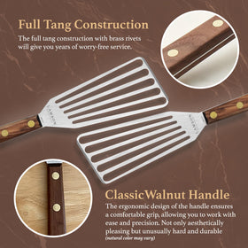 Lamson spatula lifting eggs and pancakes with light, flexible edge.