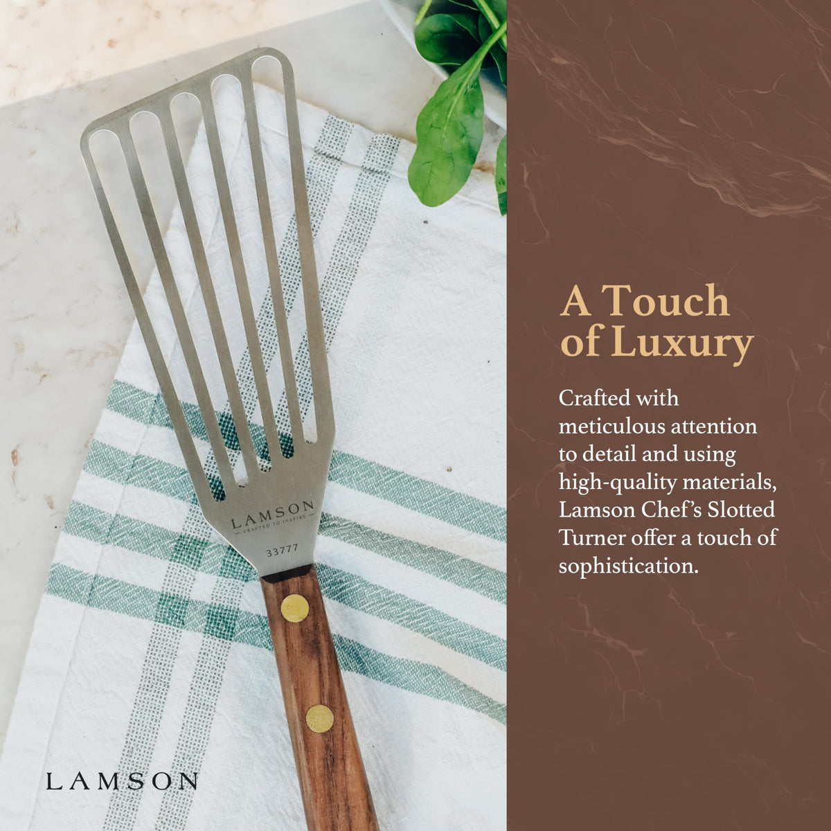 Lamson full-tang construction provides balanced, durable kitchen performance.