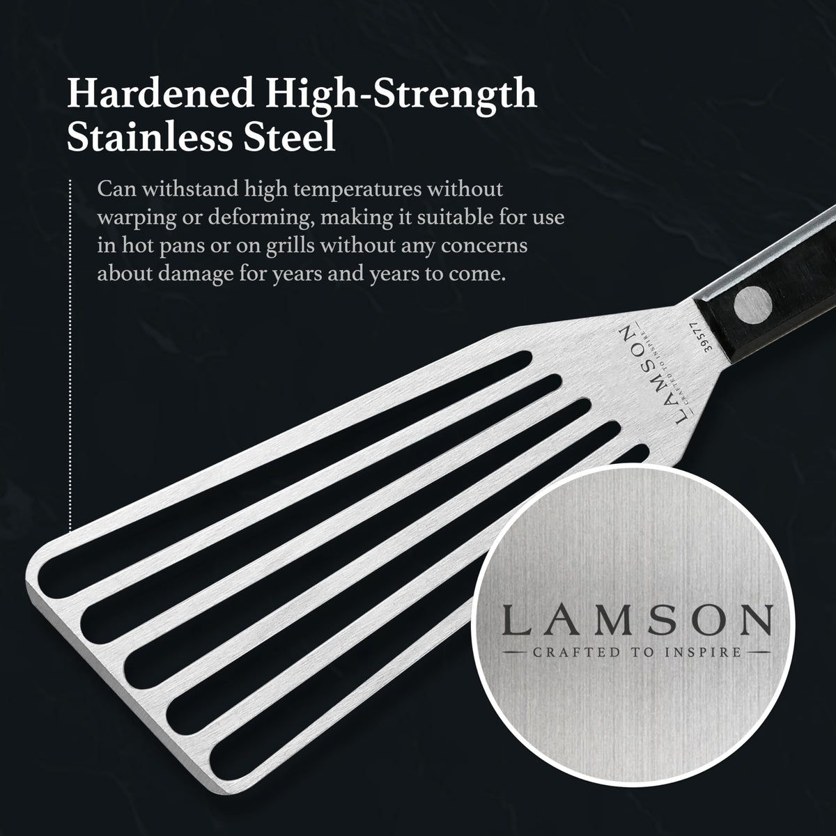 Lamson full-tang construction closeup demonstrates strength for heavy tasks