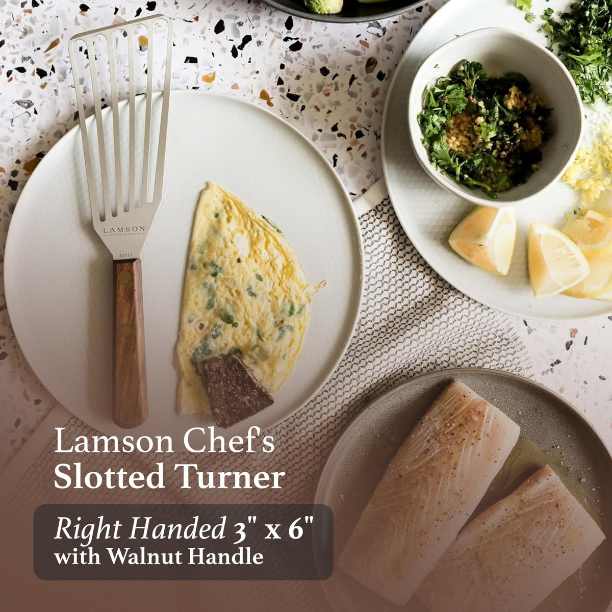 Lamson stainless steel blade highlights durable, heat-resistant performance.