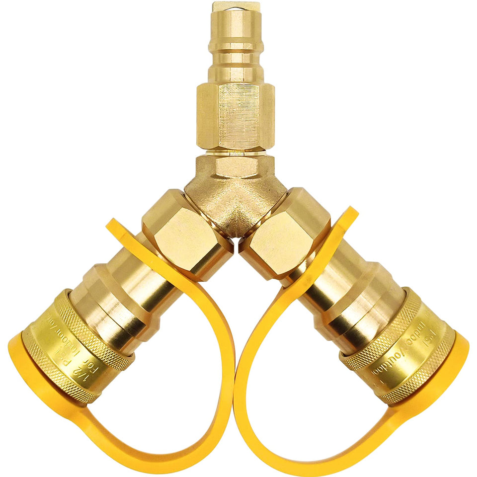 Lamudo 3/8 in natural gas Y splitter with dual outlets for outdoor grilling setups.