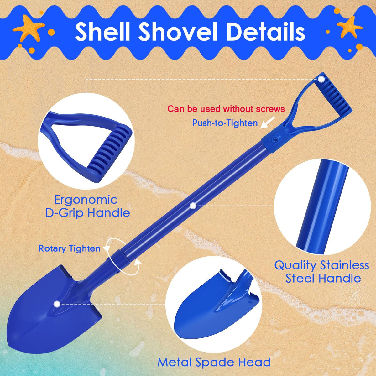 Lanathel 27-inch compact design shovel in blue for easy storage.