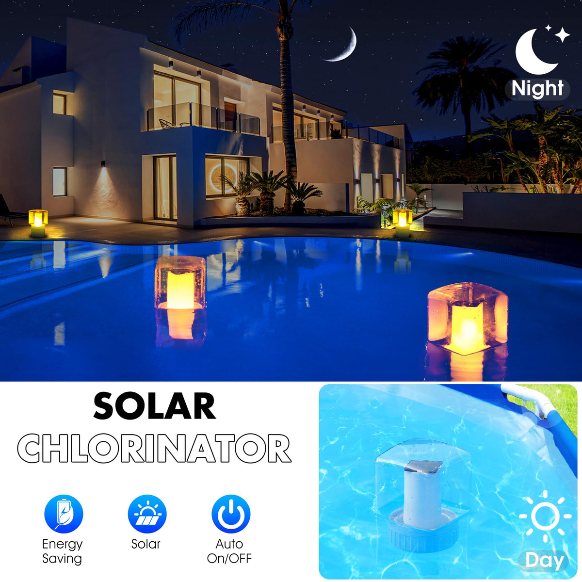 LanBlu Solar Pool Chlorine Floater night illumination demonstrating auto light feature