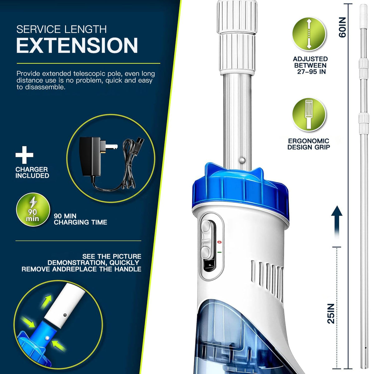 LANCHEZ IPX8 waterproof design withstands splashes during pool cleaning.