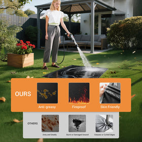 Lancryen indoor/outdoor mat guards decks at grill and fire pit setups.