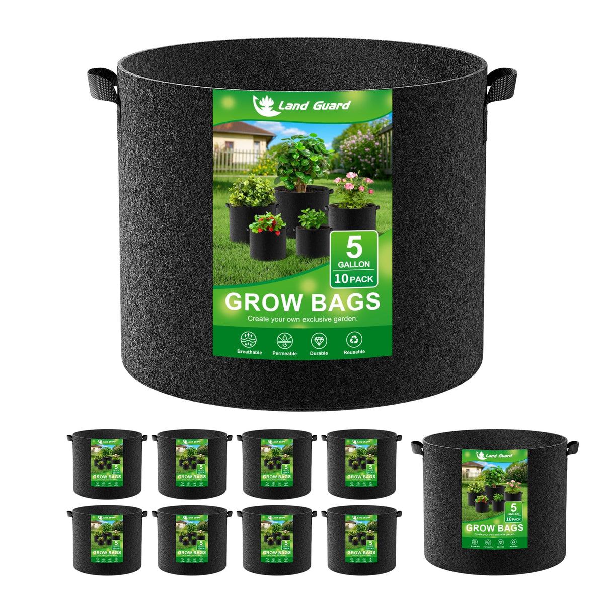 Land Guard 10-pack grow bags 5 gallon with sturdy nonwoven fabric for easy transport.