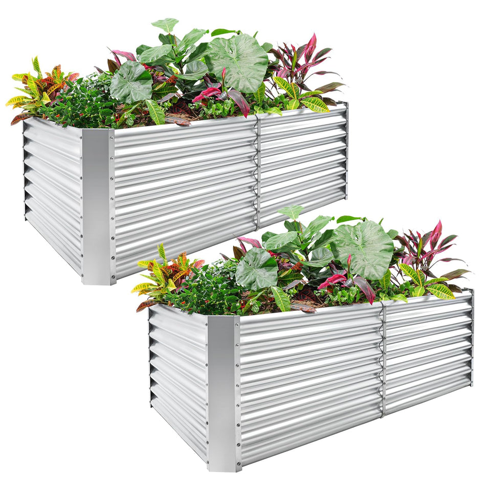 Land Guard 2-pack galvanized bed, side view, sturdy outdoor gardening solution.