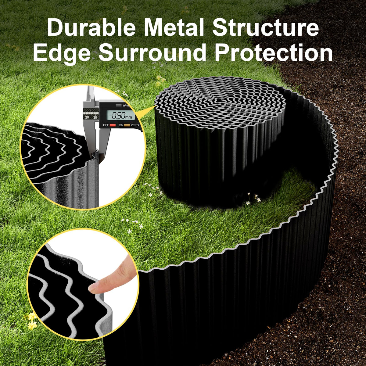 Land Guard 50-foot edging runs along lawn edges for extended borders.