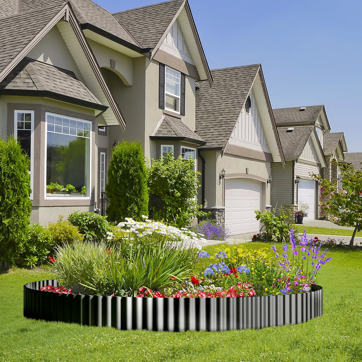 Land Guard galvanized metal edging installs easily around beds and paths.