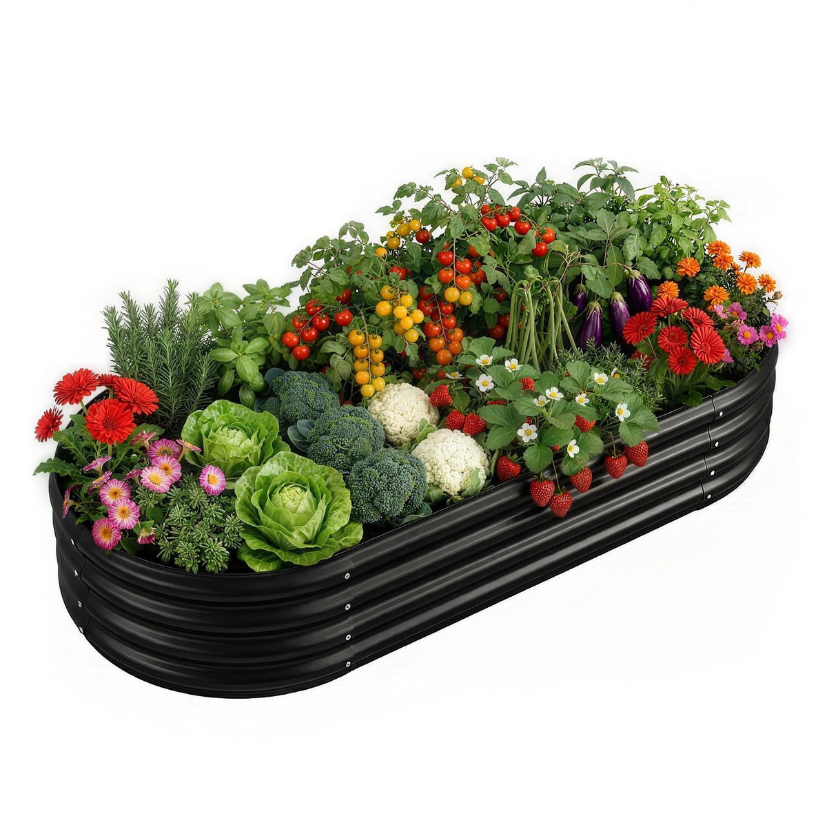 Land Guard galvanized oval raised bed front view for durable outdoor planting