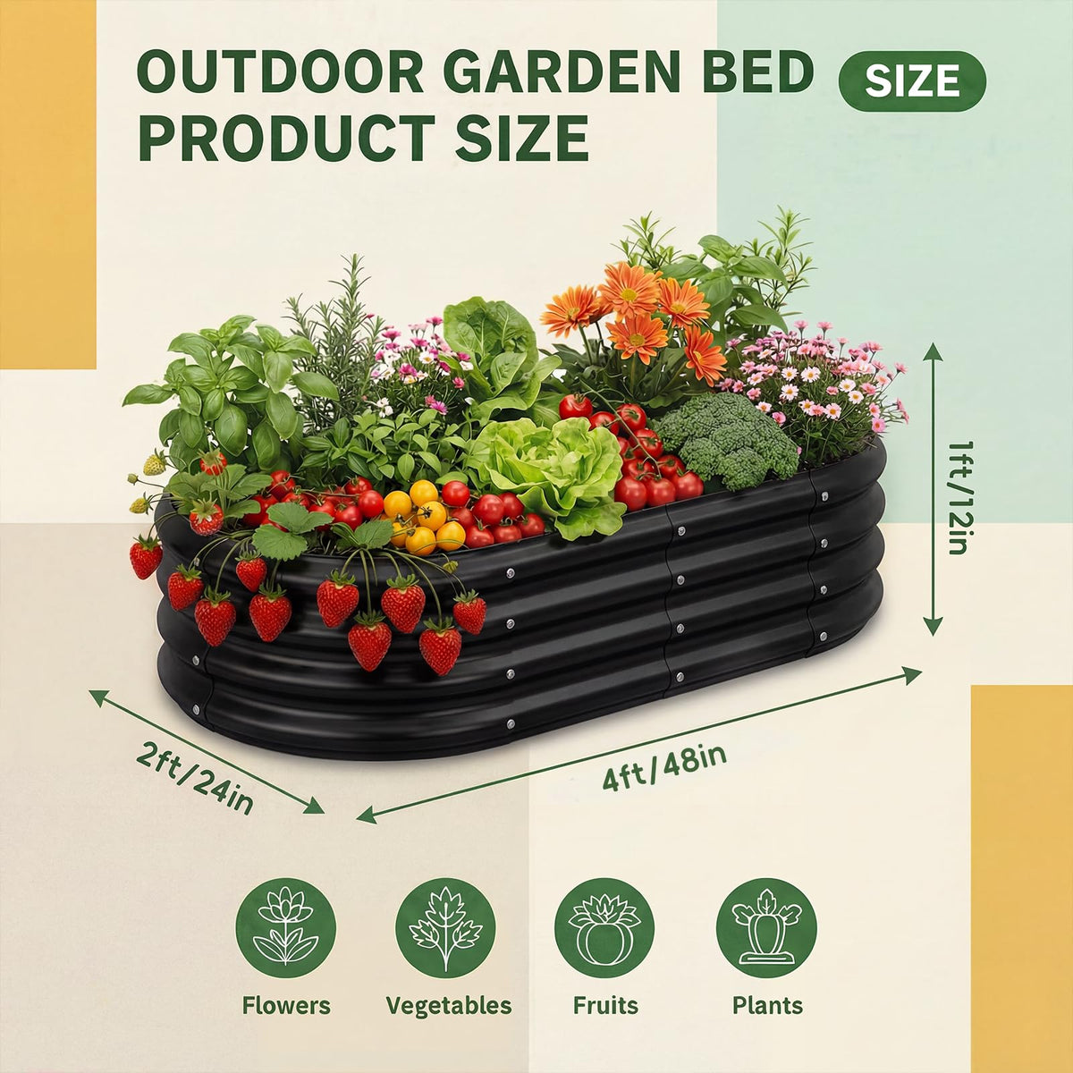 Land Guard galvanized oval raised bed side view showing sturdy metal construction