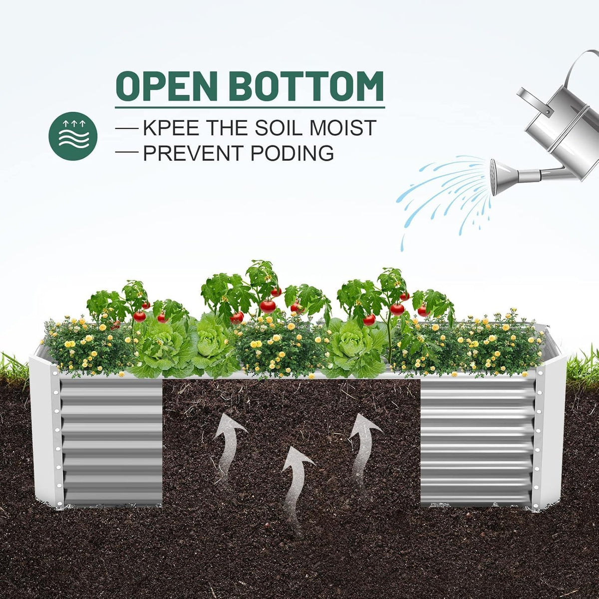 Land Guard galvanized planter bed with bottomless design for drainage.