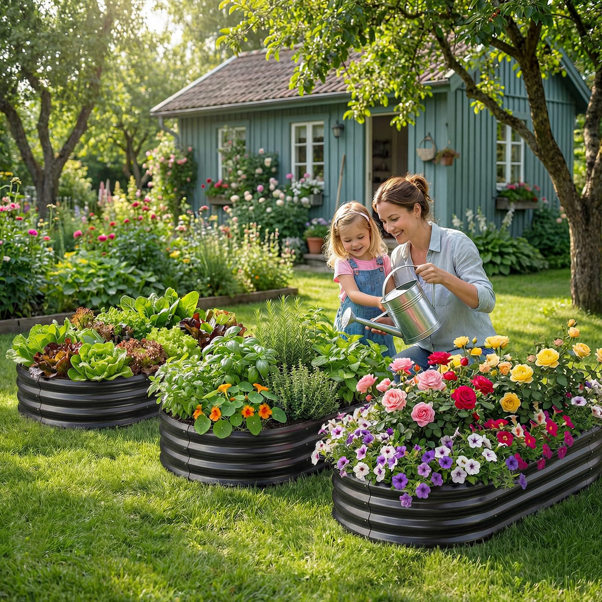 Vegetables thriving in a Land Guard galvanized bed