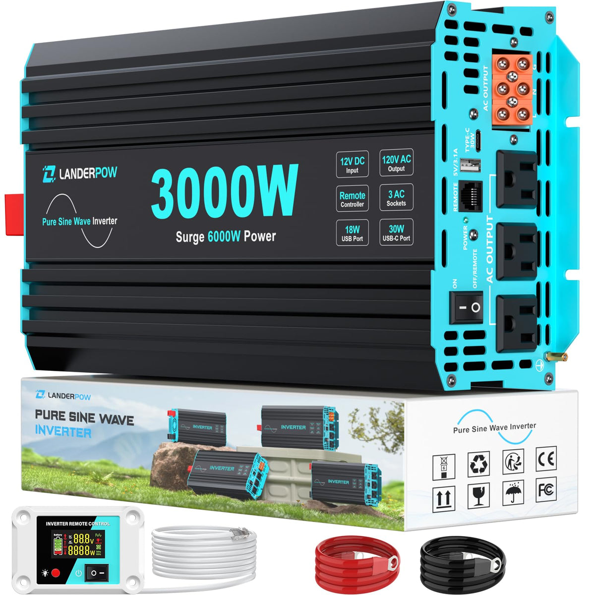 LANDERPOW 3000W inverter front view with three outlets for on-the-go power.