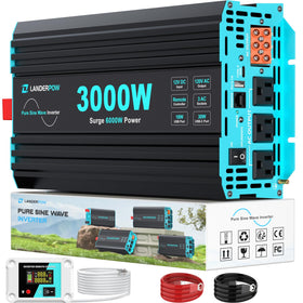 LANDERPOW 3000W inverter front view with three outlets for on-the-go power.