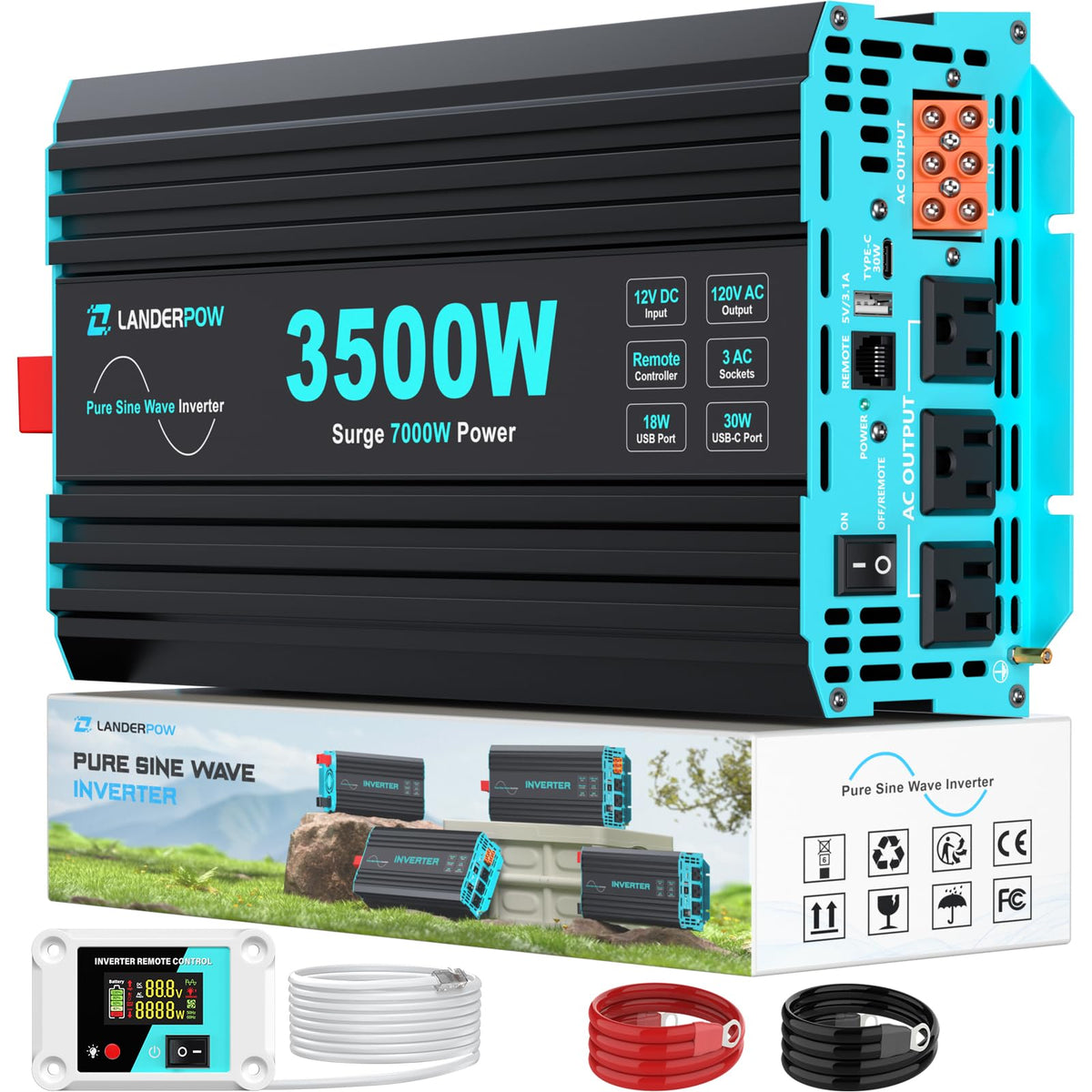 LANDERPOW Pure Sine 3500W inverter front view powering RVs and homes.