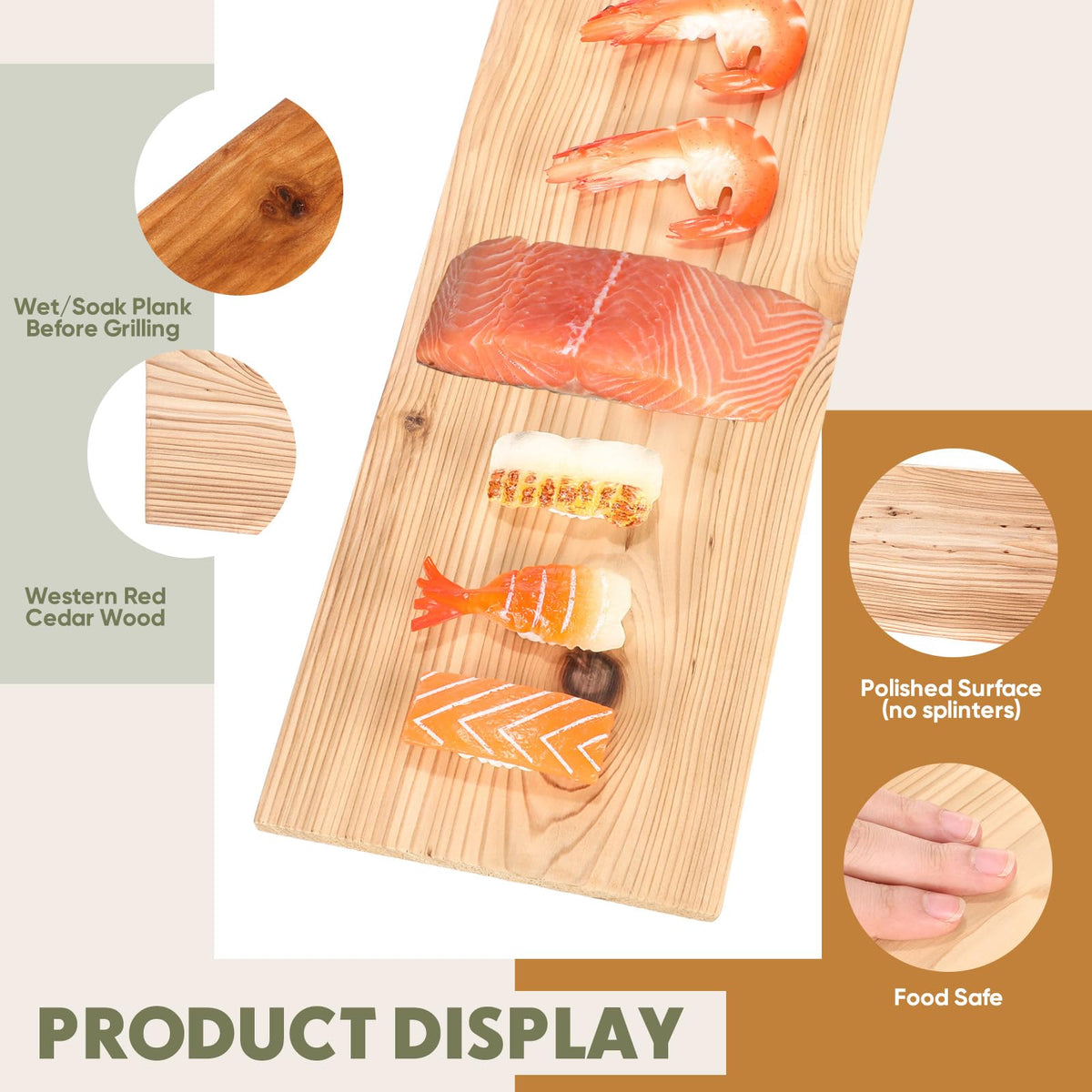 Salmon resting on Landical cedar plank on grill for rich cedar flavor.