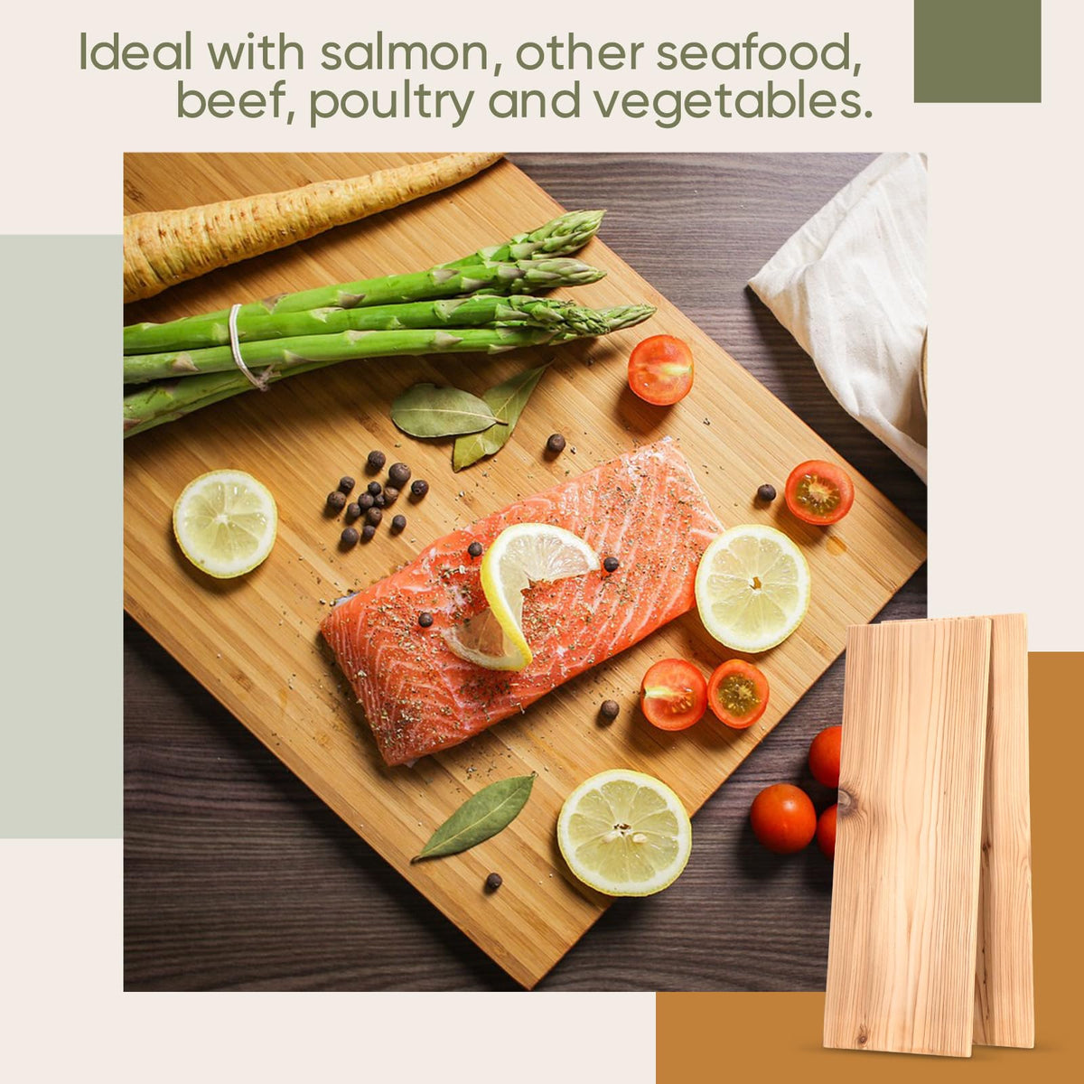 King salmon fillet on a Landical plank delivering even heat and mild smoke.