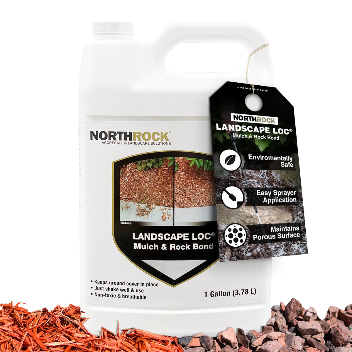 Landscape Loc Mulch and Rock Bond being poured to stabilize garden mulch