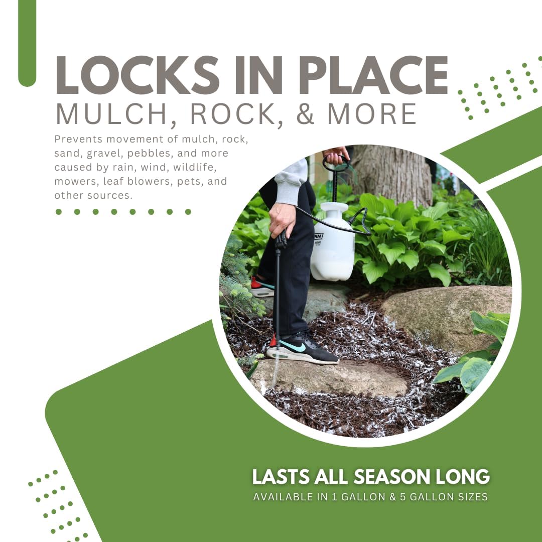Landscape Loc Mulch and Rock Bond spray application for rock and pea gravel stabilization
