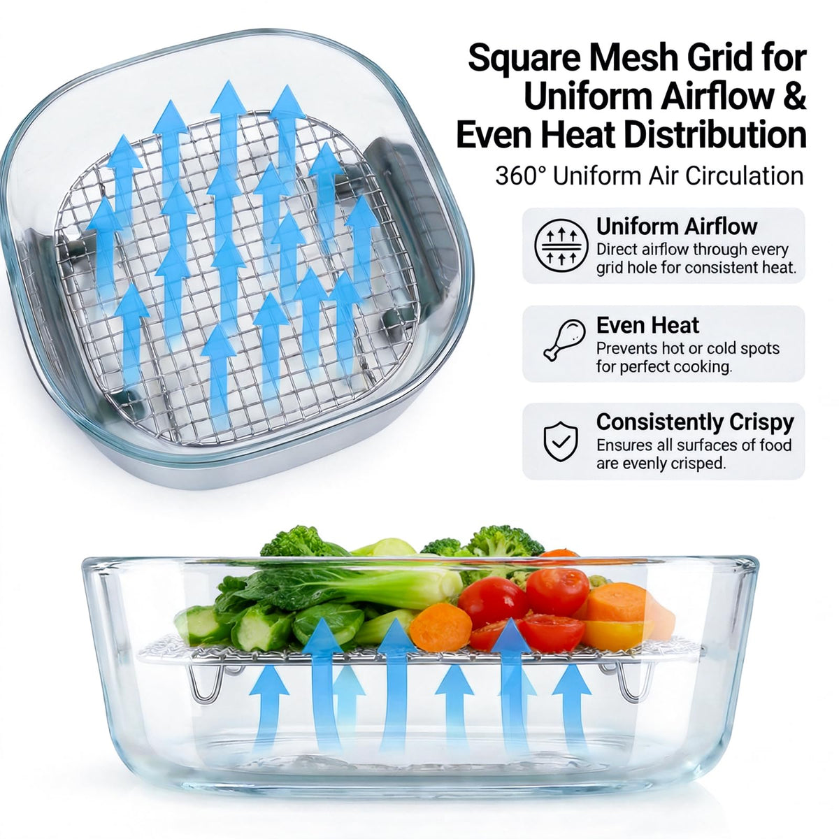 LANEJOY crisper rack with fine mesh promotes even heat circulation for crispy plates.