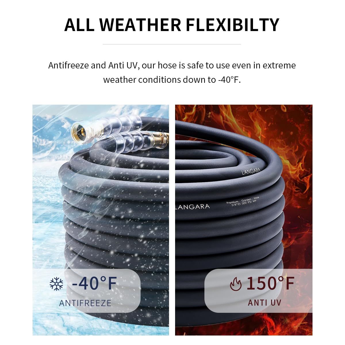 LANGARA hose supports hot and cold water for versatile outdoor activities.