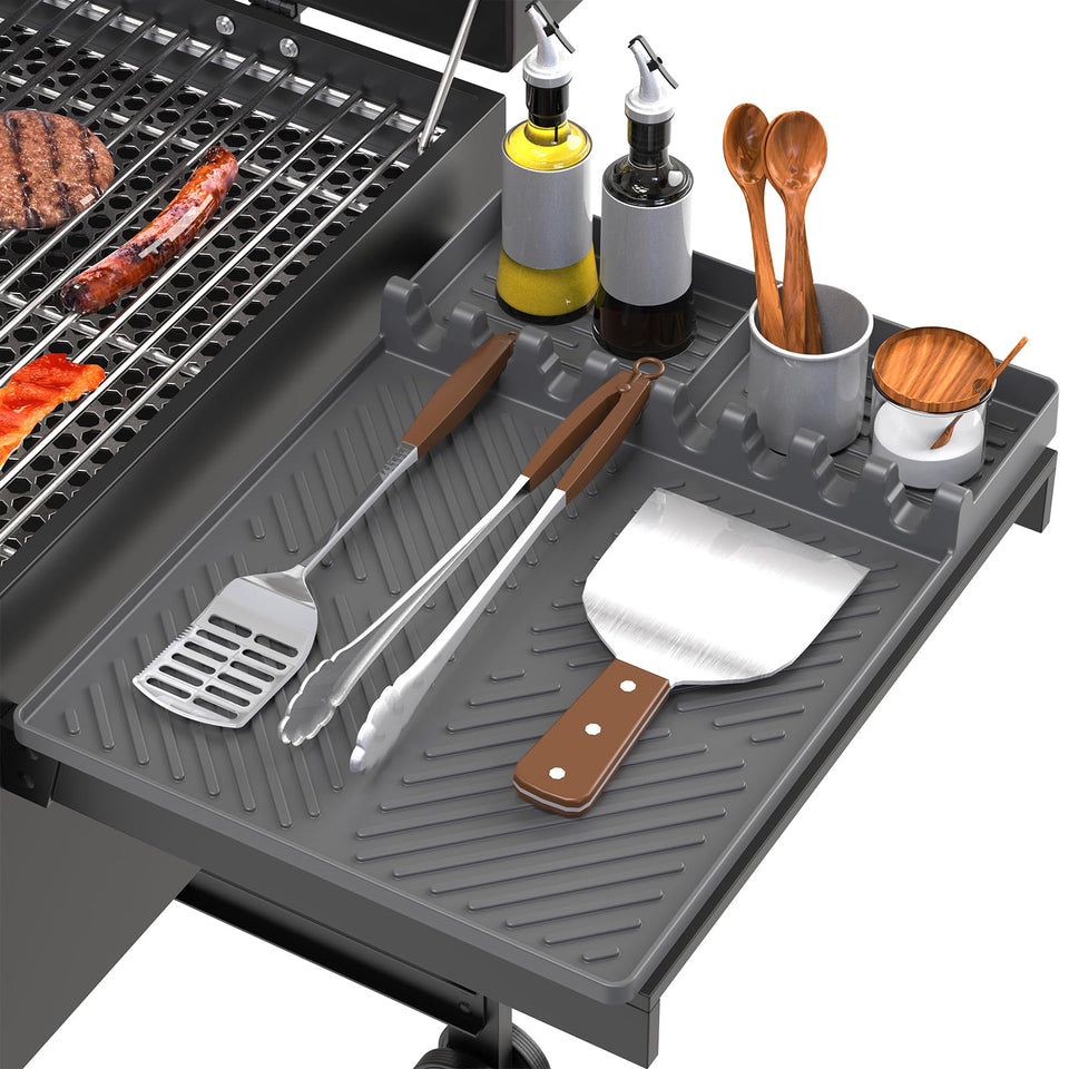 lanlw silicone grill mat on Blackstone, 16x11.5 inches, keeps utensils organized and surfaces protected.