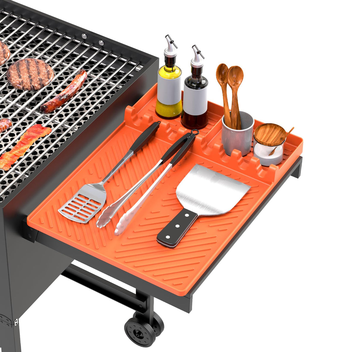 Lanlw silicone grill mat on the side shelf keeps utensils organized and ready for grilling