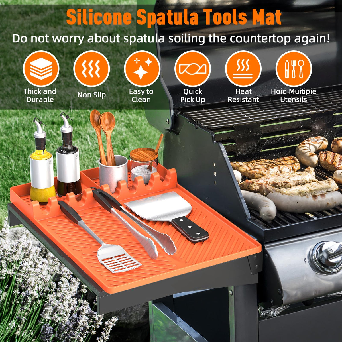 Lanlw silicone grill mat acts as a durable spatula caddy, preventing clutter on outdoor grills