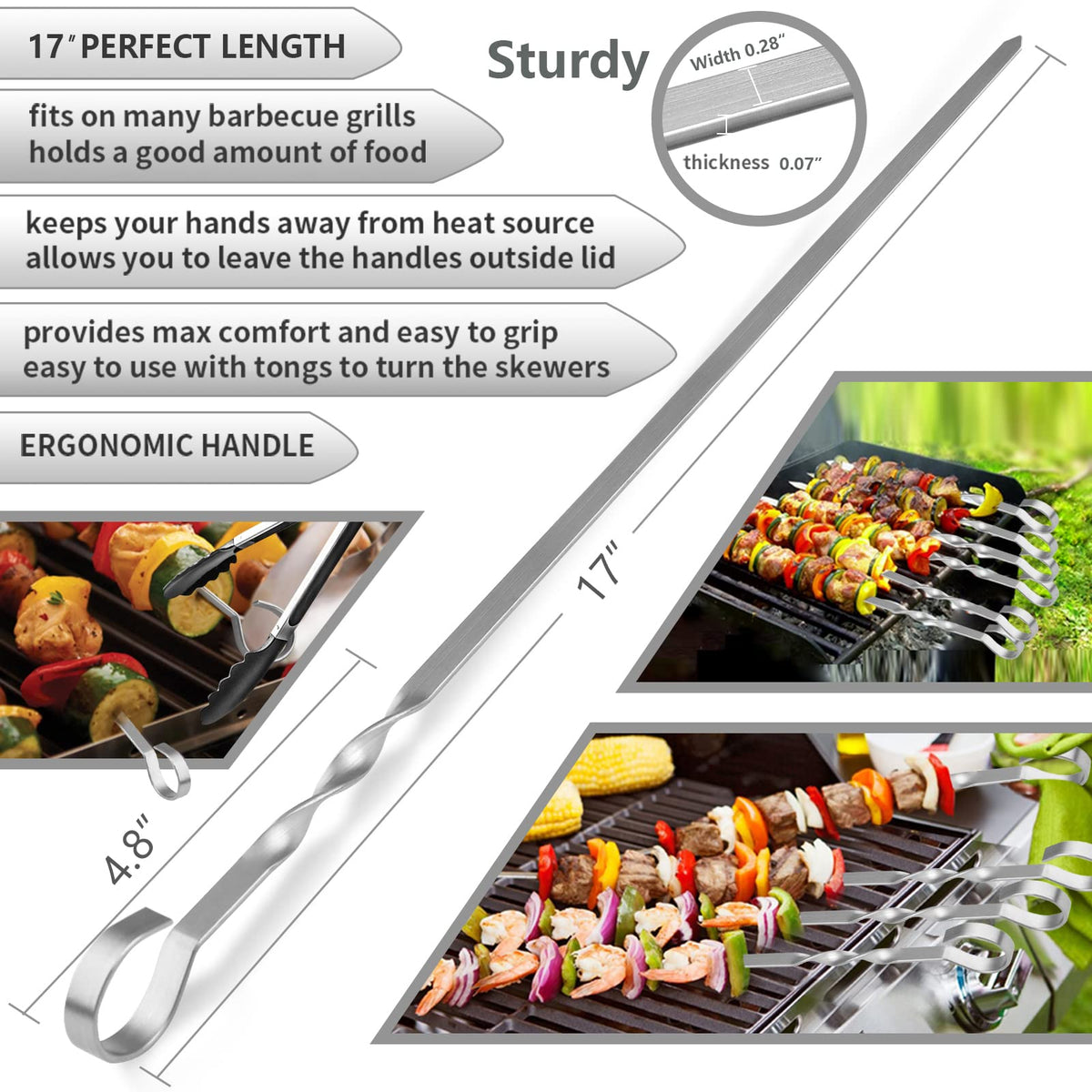 LANNEY stainless steel skewers with angled tips ease piling ingredients.