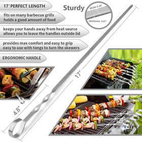 LANNEY stainless steel skewers with angled tips ease piling ingredients.